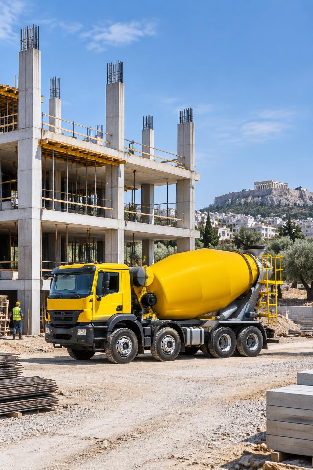 Κίτρινη μπετονιέρα σε εργοτάξιο στην Αθήνα